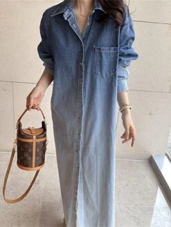 Women's Shirt Dress Casual Dress Maxi Long Dress Outdoor Daily Vacation Denim Fashion Modern Shirt Collar Button Pocket Long Sleeve Spring Fall Winter 2023 Loose Fit Blue Ombre M -HANA Luxury Wear Shop bixlqs1695027657295