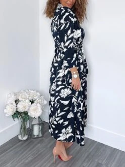 Women's Shirt Dress Casual Dress Midi Dress Outdoor Daily Vacation Polyester Fashion Modern Shirt Collar Button Pocket 3/4 Length Sleeve Summer Spring Fall 2023 Regular Fit Navy Blue Green Leaf Floral -HANA Luxury Wear Shop bjccad1689744473652