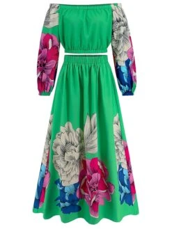 Women's Two Piece Dress Set Casual Dress Skirt Set Daily Going Out Casual Ruched Print Long Dress Maxi Dress Off Shoulder Long Sleeve Floral Regular Fit Blue Green Rose Red Fall Winter S M L XL XXL -HANA Luxury Wear Shop bjglbj1692339432991