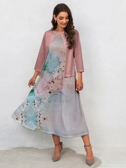 Women's Two Piece Dress Set Casual Dress Swing Dress Outdoor Office Fashion Streetwear Print Midi Dress Crew Neck 3/4 Length Sleeve Floral Ombre Regular Fit Pink Blue Purple Fall Winter S M L XL XXL -HANA Luxury Wear Shop bjihrp1697681156246