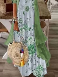 Women's Two Piece Dress Set Casual Dress Print Dress Outdoor Daily Fashion Casual Print Long Dress Maxi Dress Crew Neck 3/4 Length Sleeve Floral Loose Fit Blue Green Summer Spring S M L XL XXL -HANA Luxury Wear Shop bkdxme1687679704548