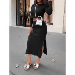Women's Two Piece Dress Set Casual Dress Sweater Dress Outdoor Daily Fashion Streetwear Split Midi Dress Crew Neck Long Sleeve Plain Regular Fit Black White Orange Fall Winter S M L XL XXL -HANA Luxury Wear Shop bkxbvd1695635371156