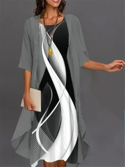 Women's Two Piece Dress Set Casual Dress Print Dress Outdoor Daily Fashion Elegant Print Midi Dress Crew Neck 3/4 Length Sleeve Floral Geometric Loose Fit Black Royal Blue Blue Summer Spring S M L XL -HANA Luxury Wear Shop bldbel1688725811086