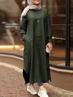 Women's Casual Dress Cotton Linen Dress Abaya Maxi Long Dress Linen / Cotton Blend Classic Casual Outdoor Daily Vacation Crew Neck Pocket Split Long Sleeve Spring Fall Winter 2023 Loose Fit ArmyGreen -HANA Luxury Wear Shop blfilt1692340971579