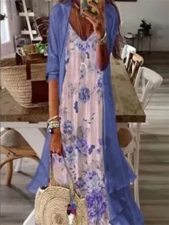 Women's Two Piece Dress Set Casual Dress Print Dress Outdoor Daily Fashion Casual Print Long Dress Maxi Dress Crew Neck 3/4 Length Sleeve Floral Loose Fit Blue Green Summer Spring S M L XL XXL -HANA Luxury Wear Shop blwncy1687679705470