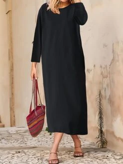 Women's Casual Dress Cotton Linen Dress T Shirt Dress Tee Dress Midi Dress Polyester Basic Classic Outdoor Daily Vacation Crew Neck Pocket 3/4 Length Sleeve Fall Autumn 2023 Loose Fit ArmyGreen Black -HANA Luxury Wear Shop bmbbfa1693447414747