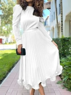 Women's Two Piece Dress Set Party Dress Skirt Set Party Wedding Guest Fashion Party Pleated Ruffle Midi Dress Stand Collar Long Sleeve Plain Loose Fit White Yellow Red Fall Winter S M L XL XXL -HANA Luxury Wear Shop bmpbyj1697597416007