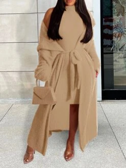 Women's Two Piece Dress Set Casual Dress Sheath Dress Daily Going Out Fashion Streetwear Lace Up Midi Dress Stand Collar Long Sleeve Plain Slim Black Yellow Wine Fall Winter S M L XL XXL -HANA Luxury Wear Shop bmxubp1693295531946