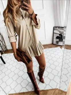 Women's Shirt Dress Casual Dress Mini Dress Outdoor Daily Cotton Fashion Basic Shirt Collar Ruffle Button Long Sleeve Summer Spring Fall 2023 Loose Fit Black White Khaki Pure Color S M L XL XXL -HANA Luxury Wear Shop bmzcll1688463690453
