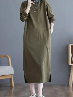 Women's Casual Dress Cotton Linen Dress T Shirt Dress Tee Dress Midi Dress Polyester Basic Classic Outdoor Daily Vacation Crew Neck Pocket 3/4 Length Sleeve Fall Autumn 2023 Loose Fit ArmyGreen Black -HANA Luxury Wear Shop bmzvyl1693366315824