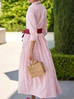 Women's Shirt Dress Casual Dress Maxi Long Dress Outdoor Winter Dress Daily Cotton Cotton And Linen Fashion Casual Shirt Collar Lace Up Pocket Long Sleeve Summer Spring Fall 2023 Regular Fit Pink -HANA Luxury Wear Shop bnfvhm1692698482520