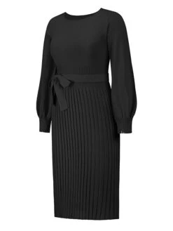 Women's Sweater Dress Jumper Dress Casual Dress Midi Dress Fashion Plain Outdoor Daily Going Out Crew Neck Long Sleeve Ruched 2023 Regular Fit Black Green Khaki S M L XL XXL -HANA Luxury Wear Shop bnjtwr1694427790447