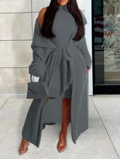 Women's Two Piece Dress Set Casual Dress Sheath Dress Daily Going Out Fashion Streetwear Lace Up Midi Dress Stand Collar Long Sleeve Plain Slim Black Yellow Wine Fall Winter S M L XL XXL -HANA Luxury Wear Shop bnkdpy1693295535943