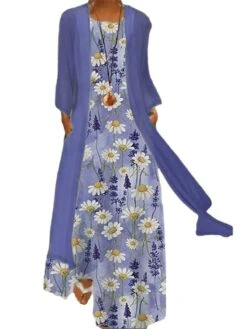 Women's Two Piece Dress Set Casual Dress Shift Dress Daily Going Out Casual Pocket Print Maxi Dress Crew Neck 3/4 Length Sleeve Floral Loose Fit Light Green Pink Blue Summer Spring M L XL XXL XXXL -HANA Luxury Wear Shop bokqxy1672828064504