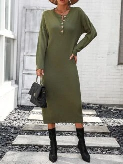 Women's Sweater Dress Jumper Dress Casual Dress Midi Dress Active Plain Outdoor Casual Holiday Vacation Crew Neck Long Sleeve Button 2023 Loose Fit Black White Purple S M L XL -HANA Luxury Wear Shop bozejw1697595521130