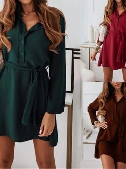 Women's Shirt Dress Casual Dress Mini Dress Outdoor Daily Date Cotton Fashion Modern Shirt Collar Lace Up Button Long Sleeve Fall Winter 2023 Loose Fit Wine Brown Green Plain S M L XL 2XL -HANA Luxury Wear Shop bpqlrl1694427908648