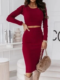 Women's Two Piece Dress Set Casual Dress Skirt Set Outdoor Daily Fashion Sexy Ribbed Midi Dress Crew Neck Long Sleeve Plain Regular Fit Black Wine Green Fall Winter S M L XL -HANA Luxury Wear Shop bptpga1695268223620