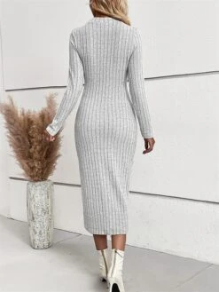 Women's Sweater Dress Winter Dress Jumper Dress Midi Dress Ribbed Outdoor Work Street Fashion Modern Crew Neck Long Sleeve 2023 Slim Light Grey Color S M L XL Size -HANA Luxury Wear Shop bqibhz1694594774771