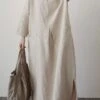 Women's Casual Dress Cotton Linen Dress Maxi Long Dress Linen / Cotton Blend Basic Classic Outdoor Daily Vacation Crew Neck Pocket Split 3/4 Length Sleeve Spring Fall Autumn 2023 Loose Fit Red Apricot -HANA Luxury Wear Shop bqmbjd1692872458280
