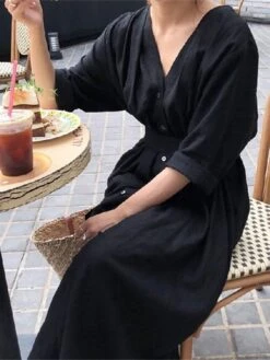Women's Cotton Linen Dress Loose White Dress Maxi Long Dress Linen Cotton Blend Casual V Neck Puff Sleeve Tie Belt Half Sleeve Summer Spring 2022 Regular Fit Black White Pure Color S M L XL -HANA Luxury Wear Shop bqntqn1624937987752
