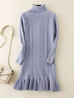 Women's Sweater Dress Jumper Dress Winter Dress Mini Dress Warm Plain Outdoor Daily Vacation Going Out Turtleneck Long Sleeve Ruffle 2023 Slim Black Blue Apricot One Size -HANA Luxury Wear Shop bqqxvi1697711283778