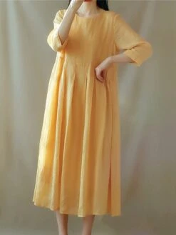 Women's Casual Dress Cotton Linen Dress Swing Dress Midi Dress Cotton Blend Basic Casual Outdoor Daily Vacation Crew Neck Ruched Pocket 3/4 Length Sleeve Summer Spring 2023 Loose Fit Yellow Gray Plain -HANA Luxury Wear Shop bqxaej1676368698631
