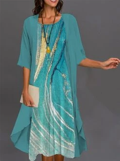 Women's Two Piece Dress Set Casual Dress Print Dress Outdoor Daily Fashion Elegant Print Midi Dress Crew Neck 3/4 Length Sleeve Leaf Floral Loose Fit Light Green Navy Blue Royal Blue Summer Spring S