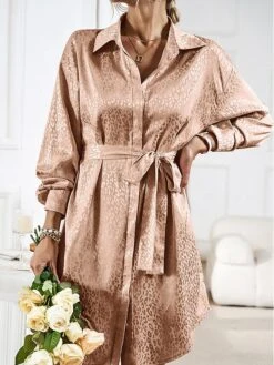 Women's Shirt Dress Midi Dress Outdoor Date Vacation Satin Fashion Elegant Shirt Collar Lace Up Button Long Sleeve Spring Fall Winter 2023 Loose Fit Black Wine Brown Pure Color S M L XL -HANA Luxury Wear Shop bsfbbi1692856941623