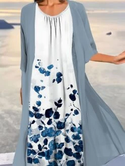 Women's Two Piece Dress Set Casual Dress Print Dress Outdoor Daily Fashion Elegant Print Midi Dress Crew Neck 3/4 Length Sleeve Floral Ombre Loose Fit Light Green Blue Purple Summer Spring S M L XL