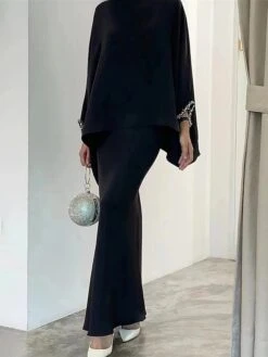 Women's Two Piece Dress Set Casual Dress Skirt Set Daily Going Out Elegant Modern Ruffle Long Dress Maxi Dress Stand Collar Long Sleeve Plain Regular Fit Silver Black White Fall Winter S M L XL XXL -HANA Luxury Wear Shop bsqmys1693389179745