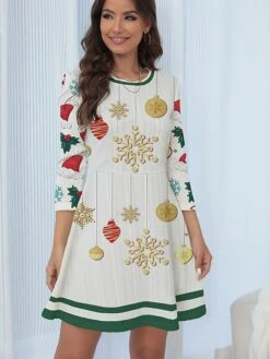 Women's Christmas Dress Sweater Dress Jumper Dress Mini Dress Warm Snowflake Outdoor Christmas Daily Holiday Crew Neck Long Sleeve 2023 Regular Fit White S M L XL XXL 3XL