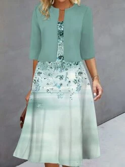 Women's Two Piece Dress Set Casual Dress Print Dress Outdoor Daily Fashion Elegant Print Midi Dress V Neck Half Sleeve Floral Loose Fit Blue Brown Green Fall Winter S M L XL XXL -HANA Luxury Wear Shop bsxedd1693213830971