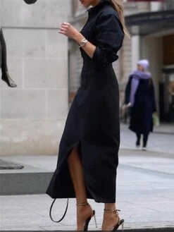 Women's Two Piece Dress Set Shirt Dress Casual Dress Outdoor Office Fashion Basic Button Split Maxi Long Dress Shirt Collar Long Sleeve Plain Loose Fit Black Spring Fall S M L XL 2XL -HANA Luxury Wear Shop btocsy1691473350710