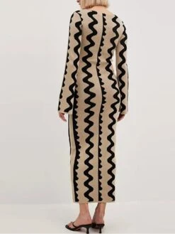 Women's Sweater Dress Winter Dress Jumper Dress Long Dress Maxi Dress Active Stripe Print Outdoor Street Daily Vacation Crew Neck Long Sleeve Print 2023 Slim Black Khaki S M L XL -HANA Luxury Wear Shop bvbwgv1695111720624
