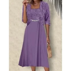 Women's Two Piece Dress Set Party Dress Lace Dress Party Wedding Guest Elegant Modern Lace Patchwork Midi Dress Crew Neck Half Sleeve Floral Plain Regular Fit Pink Blue Purple Summer Spring S M L XL -HANA Luxury Wear Shop bvkdrs1687230639382