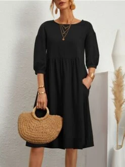 Women's Casual Dress Cotton Dress Midi Dress Cotton Basic Classic Outdoor Daily Vacation Crew Neck Ruched 3/4 Length Sleeve Fall Winter Autumn 2023 Loose Fit ArmyGreen Black White Plain S M L XL 2XL -HANA Luxury Wear Shop bvrwjw1693739258150