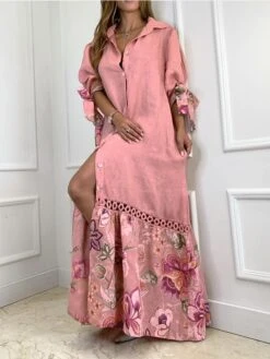 Women's Shirt Dress Casual Dress Shift Dress Long Dress Maxi Dress White Yellow Pink 3/4 Length Sleeve Floral Split Summer Spring Shirt Collar Fashion Loose Fit 2023 S M L XL 2XL 3XL 4XL -HANA Luxury Wear Shop bvypac1672050943205