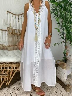 Women's Casual Dress Cotton Linen Dress White Dress Maxi Long Dress Polyester Lace Fashion Daily Weekend V Neck Lace Split Sleeveless Summer 2023 Loose Fit Lake Blue Black White Plain S M L XL 2XL