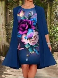 Women's Two Piece Dress Casual Dress Dress Set Shift Dress Knee Length Dress Navy Blue Blue Lavender Long Sleeve Layered Fall Autumn Crew Neck Elegant Fall Dress 2023 M L XL XXL XXXL 4XL 5XL -HANA Luxury Wear Shop bwtrdv1629113663531