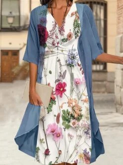 Women's Two Piece Dress Set Casual Dress Chiffon Dress Outdoor Daily Fashion Streetwear Knot Front Print Midi Dress V Neck 3/4 Length Sleeve Floral Regular Fit White Blue Gray Fall Winter S M L XL XXL -HANA Luxury Wear Shop bwzoep1693886042598