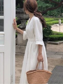 Women's Cotton Linen Dress Loose White Dress Maxi Long Dress Linen Cotton Blend Casual V Neck Puff Sleeve Tie Belt Half Sleeve Summer Spring 2022 Regular Fit Black White Pure Color S M L XL -HANA Luxury Wear Shop bxlavu1624953457308