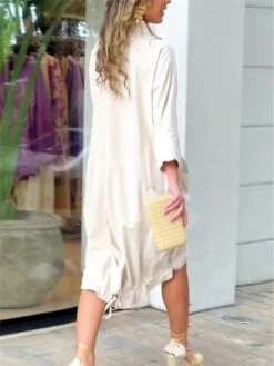 Women's Shirt Dress Casual Dress Shift Dress Midi Dress Outdoor Office Business Polyester Basic Modern Shirt Collar Button Pocket 3/4 Length Sleeve Summer Spring Fall 2023 Loose Fit White Plain S M L -HANA Luxury Wear Shop bxmzdn1683540649876