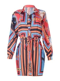 Women's Shirt Dress Wrap Dress Mini Dress Winter Dress Daily Vacation Polyester Casual Shirt Collar Button Print Long Sleeve Spring Fall Winter 2022 Regular Fit White Red Geometric Letter Stripe S M -HANA Luxury Wear Shop bylyop1631270728747