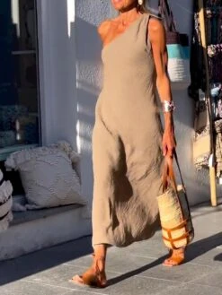 Women's Casual Dress Cotton Linen Dress Shift Dress Midi Dress Linen / Cotton Blend Fashion Basic Outdoor Daily Vacation One Shoulder Split Sleeveless Summer Spring Fall 2023 Loose Fit Khaki Plain S -HANA Luxury Wear Shop bymths1692238265883
