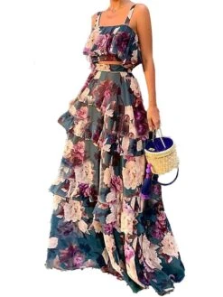 Women's Two Piece Dress Set Casual Dress Skirt Set Daily Date Active Streetwear Ruffle Layered Midi Dress Strap Sleeveless Floral Regular Fit Green Fall Winter S M L XL XXL -HANA Luxury Wear Shop bymwsw1693972030644