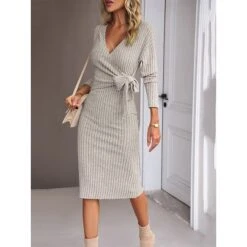 Women's Sweater Dress Winter Dress Jumper Dress Midi Dress Lace Up Daily Date Going Out Fashion Basic V Neck Long Sleeve 2023 Slim Green Dark Grey Beige Color S M L XL Size -HANA Luxury Wear Shop byqjyg1690801837119