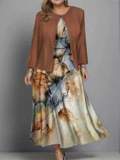 Women's Plus Size Two Piece Dress Set Casual Dress Swing Dress Outdoor Office Fashion Streetwear Print Midi Dress Crew Neck Long Sleeve Leaf Regular Fit Blue Brown Khaki Fall Winter L XL XXL 3XL 4XL -HANA Luxury Wear Shop cavhvz1697681151536