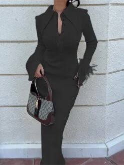 Women‘s Sweater Dress Winter Dress Party Dress Wedding Guest Dress Maxi Dress Fashion Pure Color Formal Evening Party Holiday Shirt Collar Long Sleeve Feather 2023 Regular Fit Black Beige -HANA Luxury Wear Shop cawfxl1678849986649