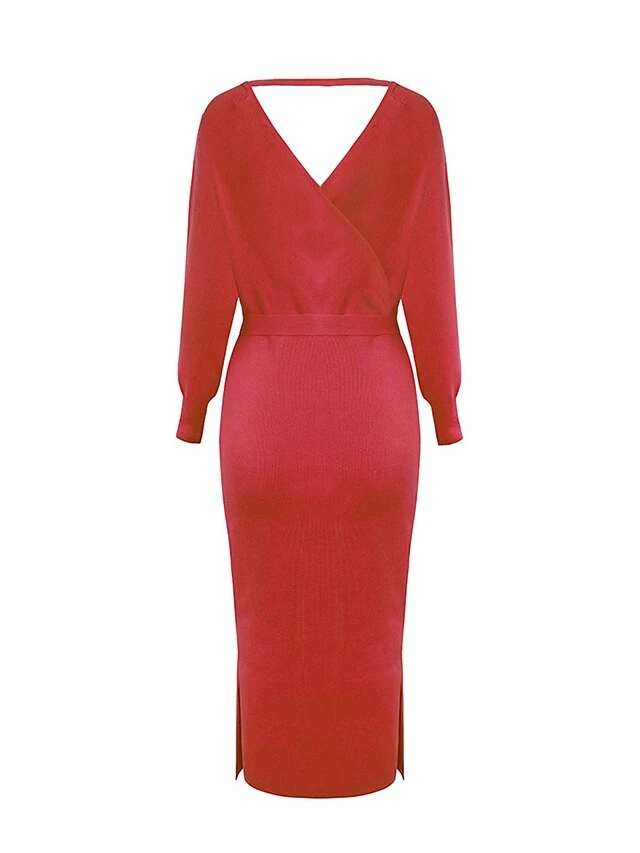 Women‘s Christmas Sweater Dress Jumper Dress Winter Dress Fashion Outdoor Christmas Street Daily V Neck Long Sleeve Lace Up Split 2023 Slim Black Red Fuchsia S M L XL 6 Women‘s Christmas Sweater Dress Jumper Dress Winter Dress Fashion Outdoor Christmas Street Daily V Neck Long Sleeve Lace Up Split 2023 Slim Black Red Fuchsia S M L XL - Image 4