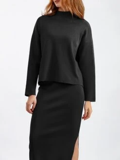 Women's Two Piece Dress Set Casual Dress Skirt Set Outdoor Daily Fashion Streetwear Split Ribbed Midi Dress Turtleneck Long Sleeve Plain Loose Fit Black Light Green Blue Fall One-Size -HANA Luxury Wear Shop ccmjqg1693278282571